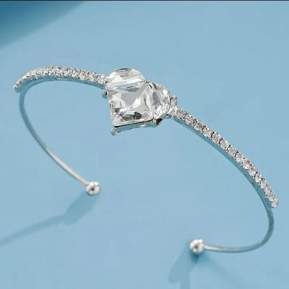 Silver Rhinestone Heart Bangle Bracelet - Picture 4 of 4